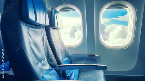 Airplane Seat With Clouds View Through Window photo