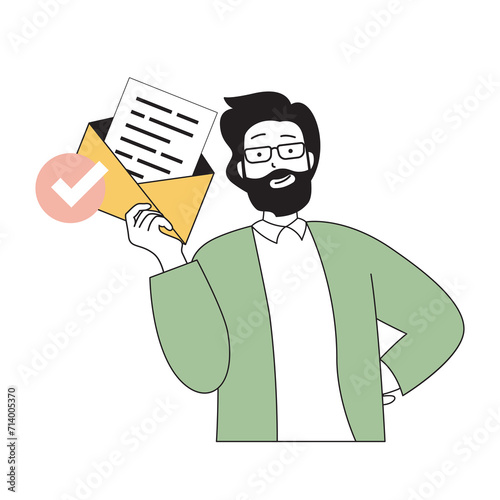 Time management concept with cartoon people in flat design for web. Man getting business email with confirmation of goal achievement. Vector illustration for social media banner, marketing material.