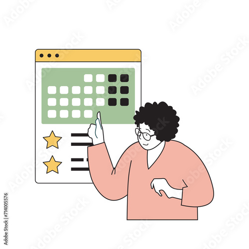 Time management concept with cartoon people in flat design for web. Woman making workflow organization with checklist and calendar. Vector illustration for social media banner, marketing material.