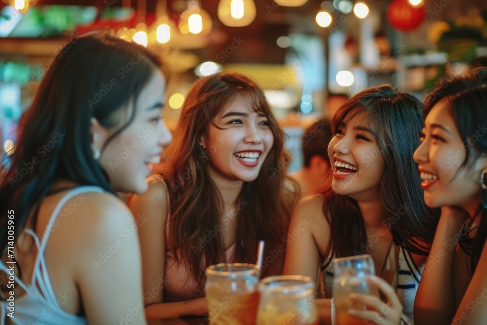 Southeast Asian Women Enjoying Dinner and Gossiping at a Pub. Bonding over High School Memories