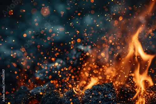 Inferno Glow  Close-Up of Fiery Bonfire Sparks in Dark Night Sky