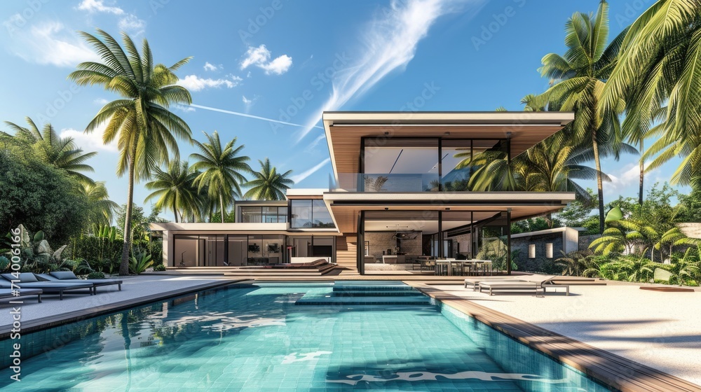Luxurious Cubic Villa with Pool and Palm Trees - Modern Minimalist Architecture for Vacation and Relaxation