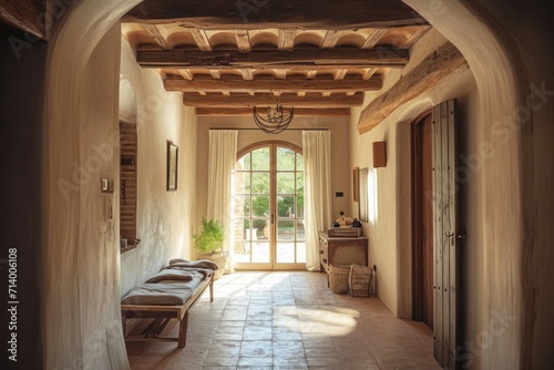 Rustic Farmhouse Hallway: Timber Beams and Arched Ceiling in Mediterranean Style Entrance