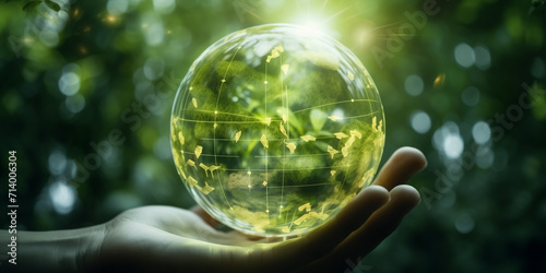 Green Technology and Sustainability conceptual. Global Harmony, Hands Holding Crystal Ball with Earth, Nature, and Environmental Concept