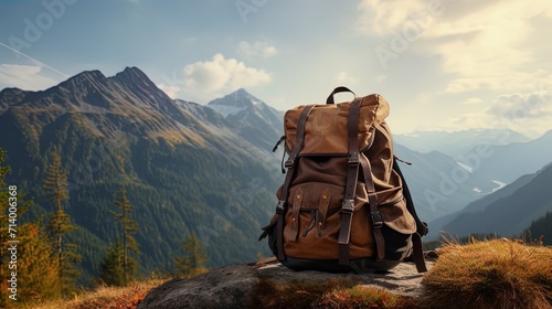 A backpack and boots against a beautiful mountain landscape