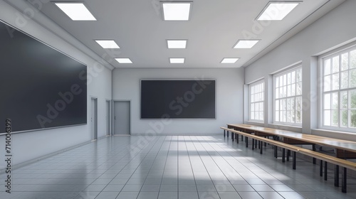 3d rendering of classroom background. Empty room interior in school  university or college. And board or blackboard  white ceramic tile floor in perspective for teacher  student to teach and learn    