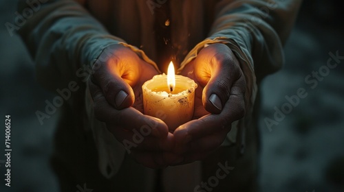 a close up of a person with a candle in his hand and a candle in his other hand and a candle in his other hand.   