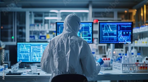A scientist in protective clothing is conducting research in a laboratory photo