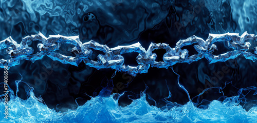 Metallic chains floating over deep blue water, with a fluid texture. photo