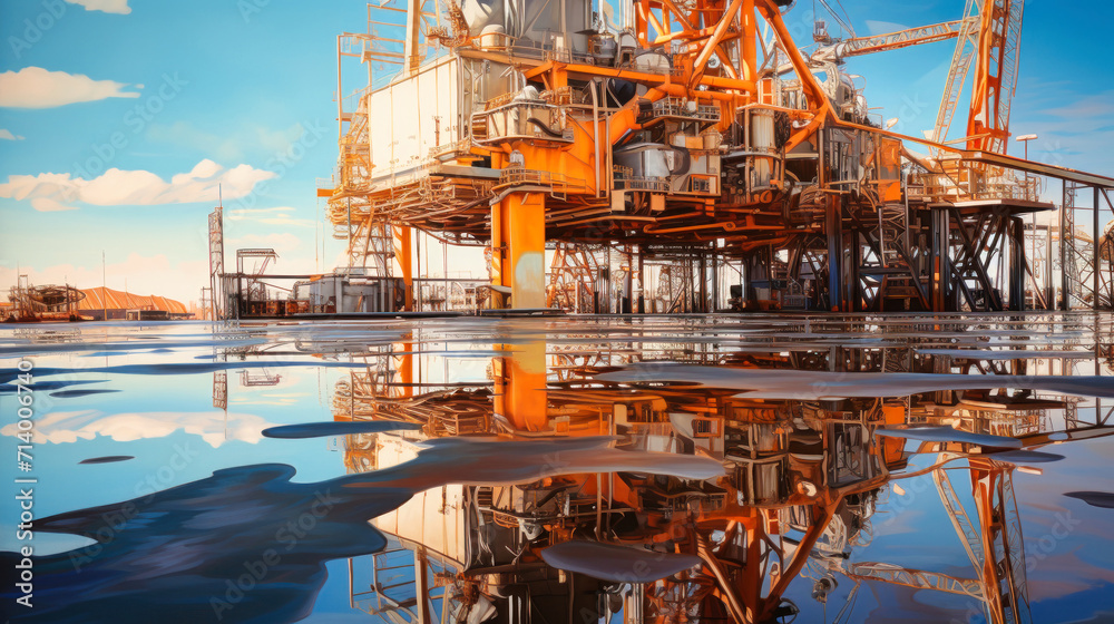 Oil platform in the ocean. Offshore drilling for gas and oil. Large oil platform for oil and gas production. Industrial resource extraction. Oil platform in the ocean. Offshore drilling for gas and oil. Large oil platform for oil and gas production. Industrial resource extraction.