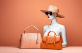 mannequin of woman with handbags, hat and sunglasses on peach color background. fashion collection.