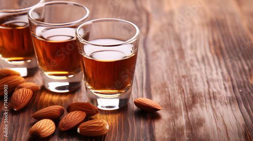 Shot glasses with tasty amaretto liqueur and almonds on wooden table, closeup. Space for text