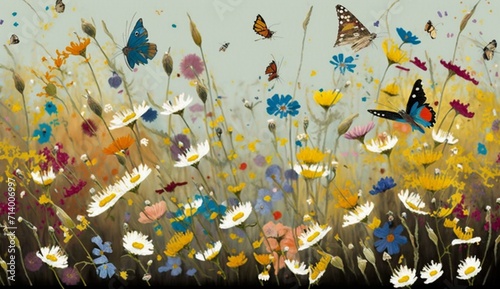 A field of wildflowers with butterflies and flowers