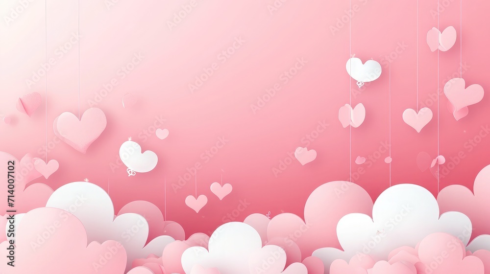 Horizontal banner with pink sky and paper cut clouds. Place for text. Happy Valentine's day sale header or voucher template with hearts. Rose cloudscape border frame pastel colors.