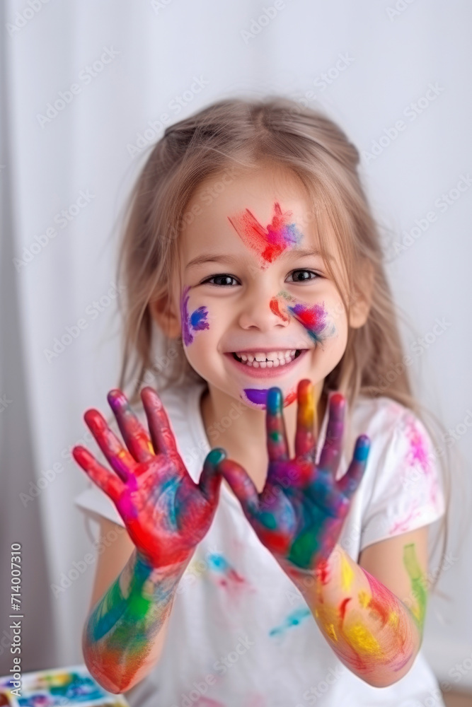 5 year old funny little girl smiles and shows her hands with colored paints after an afternoon of drawing and painting. Learning. 5 year old funny little girl smiles and shows her hands with colored paints after an afternoon of drawing and painting. Learning.