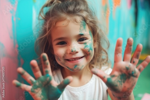 5 year old funny little girl smiles and shows her hands with colored paints after an afternoon of drawing and painting. Learning.