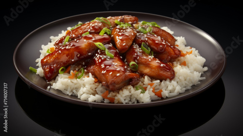 A plate of sweet and sticky honey-glazed chicken, served with a side of fragrant basmati rice
