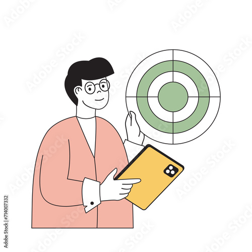 Time management concept with cartoon people in flat design for web. Man targeting business goals, making strategy and planning tasks. Vector illustration for social media banner, marketing material.