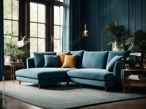Interior of living room with blue sofa 3d rendering design. © Mahmud