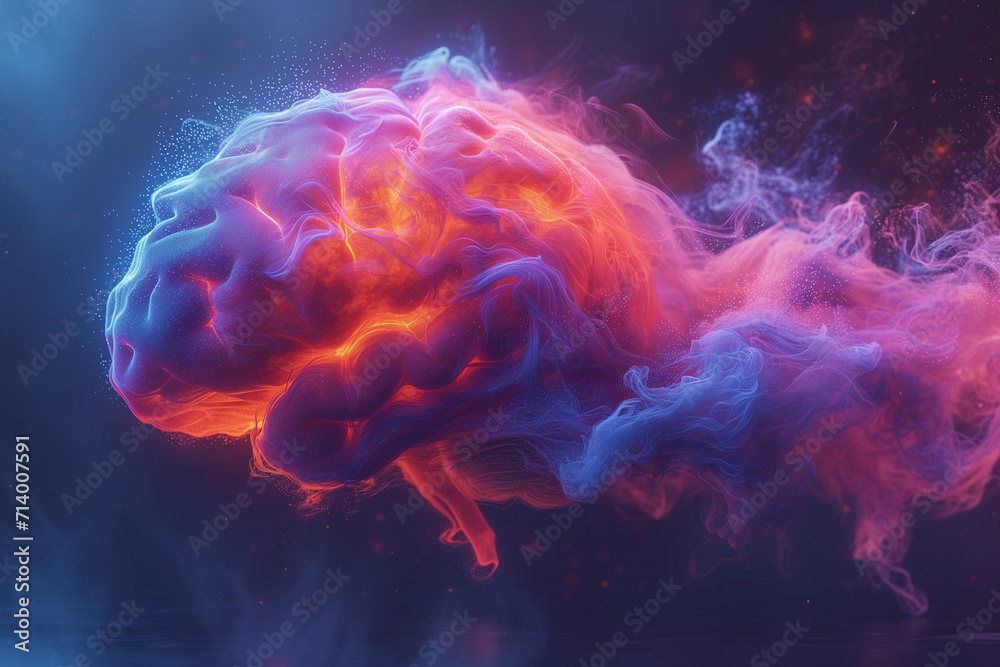 Cerveau humain dans le brouillard lumineux : soit déclin cognitif ou soit le symbole de l'effervescence du cerveau avec son illumination - obrazy, fototapety, plakaty 