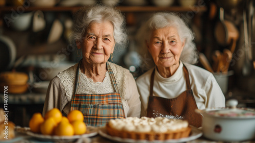 Grand-mères cuisinières qui font de la pâtisserie, une tarte au citron meringuée, ensemble pour le goûter photo