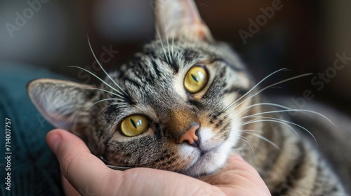 Close-Up of a Tabby Cat in Human Hand