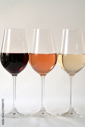 Three Wine Glasses with Red, White, and Rose Wine