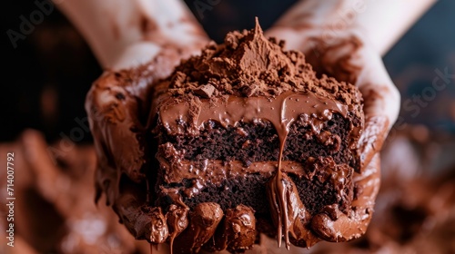 close up of dirty hands squishing chocolate cake      photo