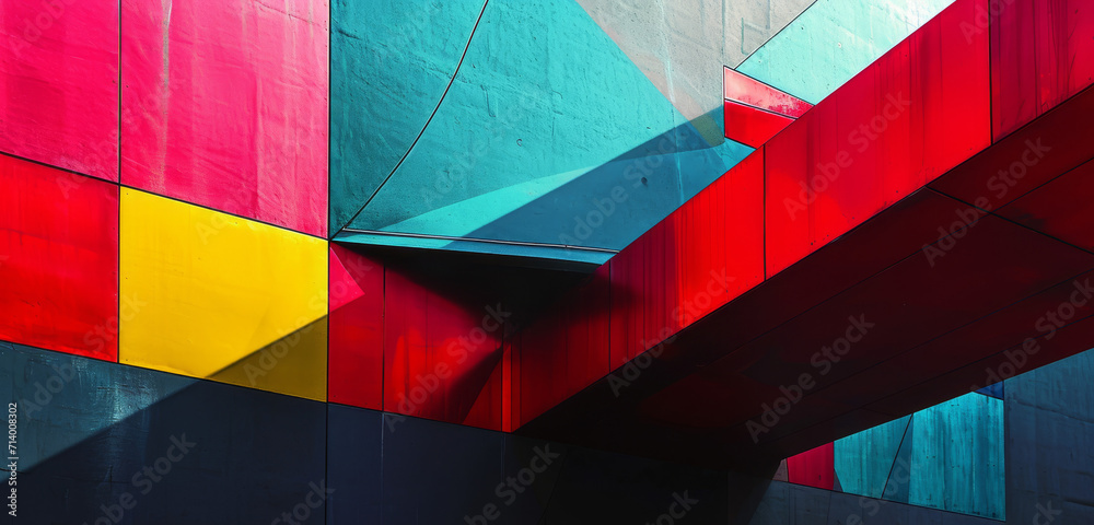 Fototapeta premium Sharp geometric shapes in a colorful grunge texture, bursting with red and blue.