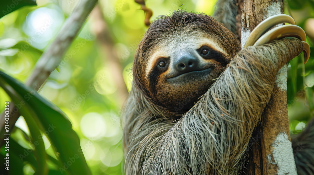 Smiling Sloth Clinging to a Tree in Lush Greenery Smiling Sloth Clinging to a Tree in Lush Greenery