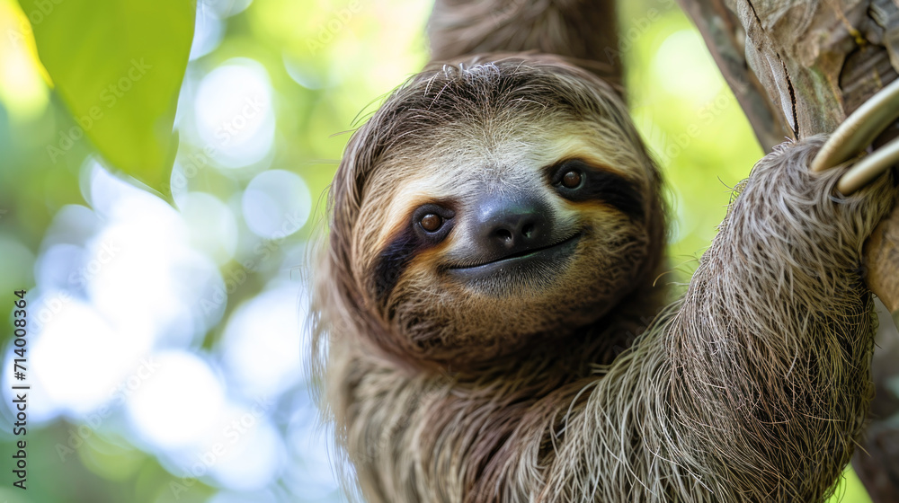 Smiling Sloth Clinging to a Tree in Lush Greenery Smiling Sloth Clinging to a Tree in Lush Greenery