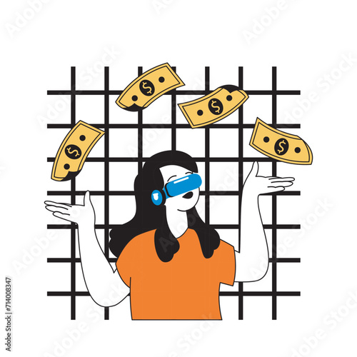 Virtual reality concept with cartoon people in flat design for web. Woman in VR headset earning money, bitcoin and cryptocurrency. Vector illustration for social media banner, marketing material.
