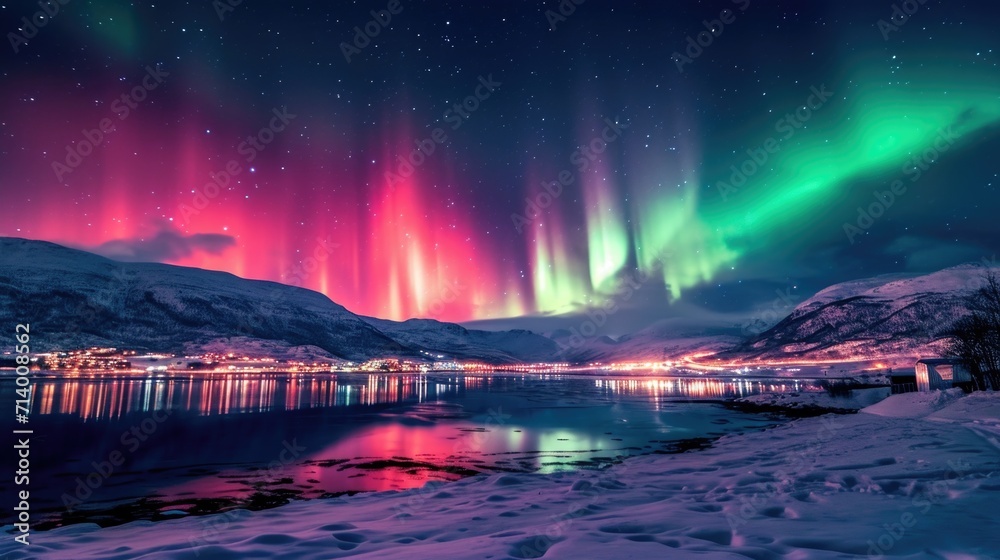 Spectacular Northern Lights over Snowy Landscape and City
