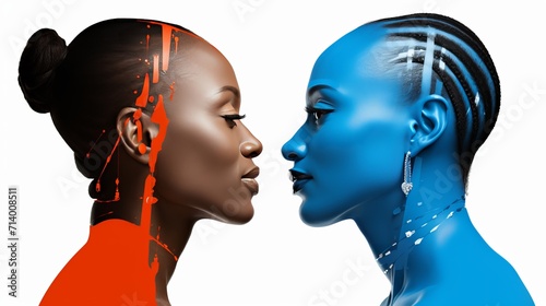 Two black women standing in profile, facing each other, with colored faces in a minimalist banner