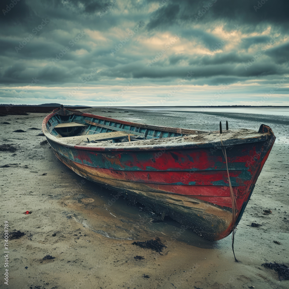 Sandy Solitude: Forsaken Boat on Weather-Beaten Shore Sandy Solitude: Forsaken Boat on Weather-Beaten Shore