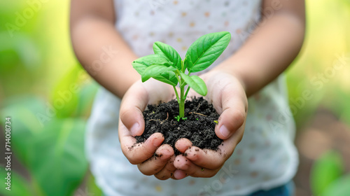 Child Holding a Young Plant in Soil – Symbol of Growth and Environmental Care