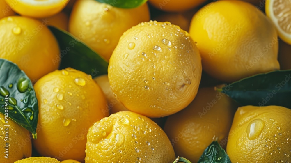Fresh Yellow Lemons with Droplets of Water and Leafs, Top-View Close-Up Background   