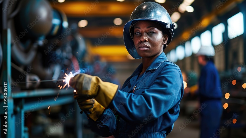 Confident African American Female Industrial Worker - Strength and Empowerment in Manufacturing Confident African American Female Industrial Worker - Strength and Empowerment in Manufacturing