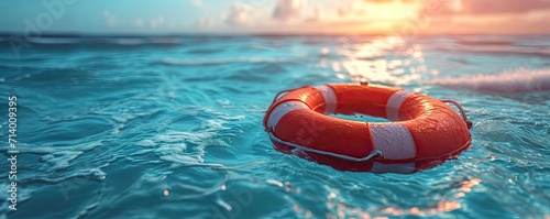 Summer safety at sea with blue water rescue ring floating buoy in ocean for emergency life saving protection security assistance from lifeguard round lifesaver saver against danger survival guard photo