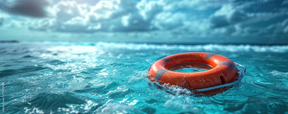 Summer safety at sea with blue water rescue ring floating buoy in ocean for emergency life saving protection security assistance from lifeguard round lifesaver saver against danger survival guard