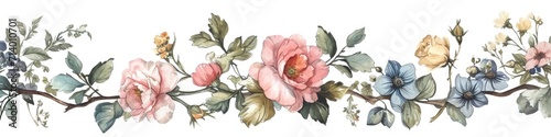 A panoramic watercolor painting of a delicate floral garland, featuring roses and wildflowers in soft pastel hues