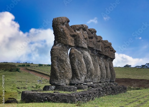 All seven Moai statues at Ahu Akivi are almost the same height of 4.5 meters and overlook the Pacific ocean, (Easter Island, Chile) photo