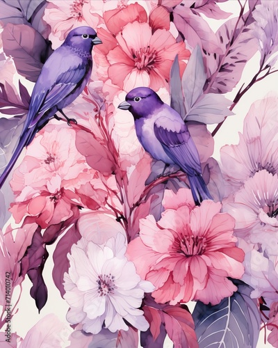 Flowers, leaves and bird in soft tones for freshness designs. Illustration with Botanical elements