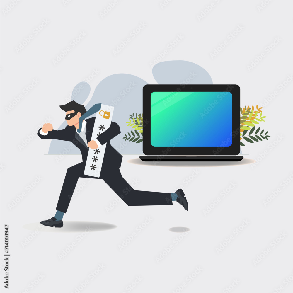 Businessman stealing data by hacking passwords . Cyber crime concept vector illustration Businessman stealing data by hacking passwords . Cyber crime concept vector illustration