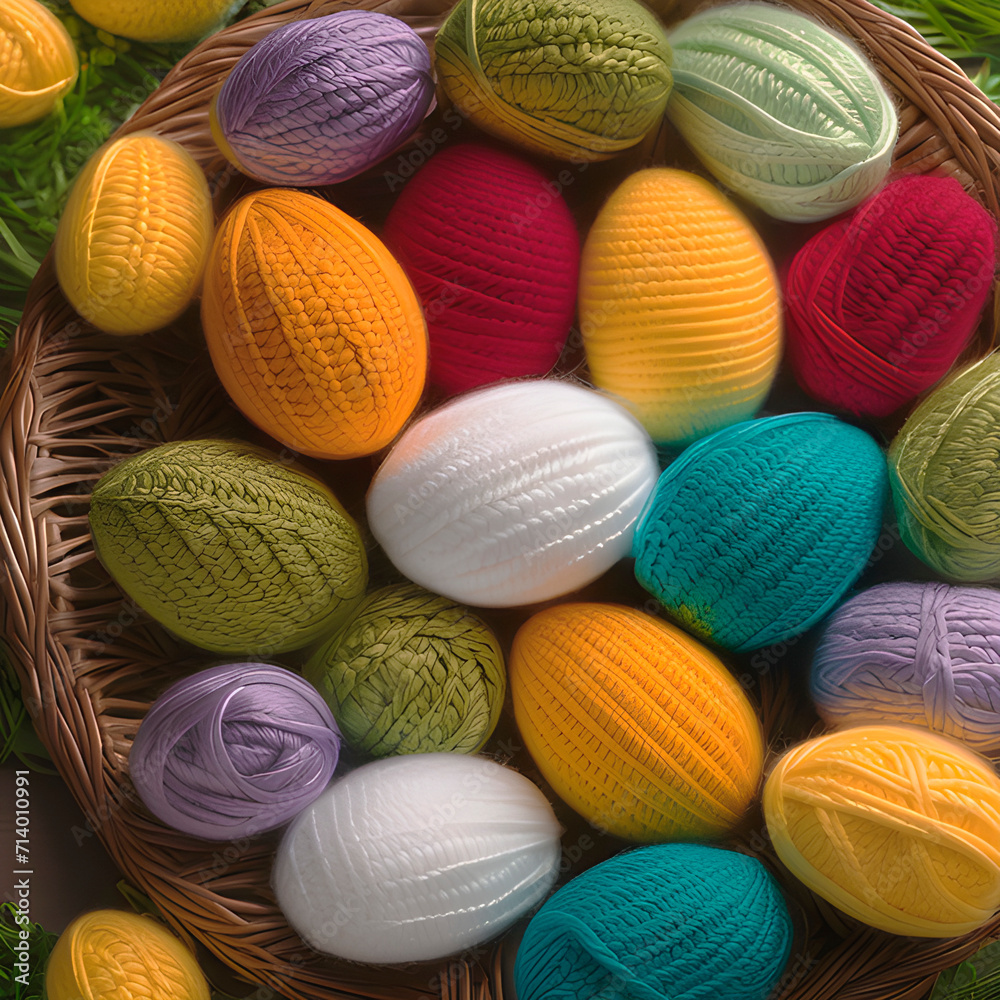 multi-colored eggs are crocheted from wool and cotton threads, lying in a wicker basket multi-colored eggs are crocheted from wool and cotton threads, lying in a wicker basket