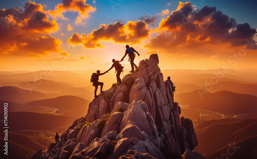 Teamwork concept with man helping friend reach the mountain top © design