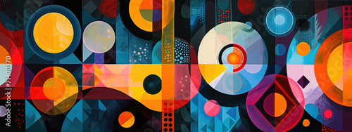 Abstract canvas background with geometric patterns, combining bright and vibrant colors, circles, triangles and rectangles for a dynamic composition photo