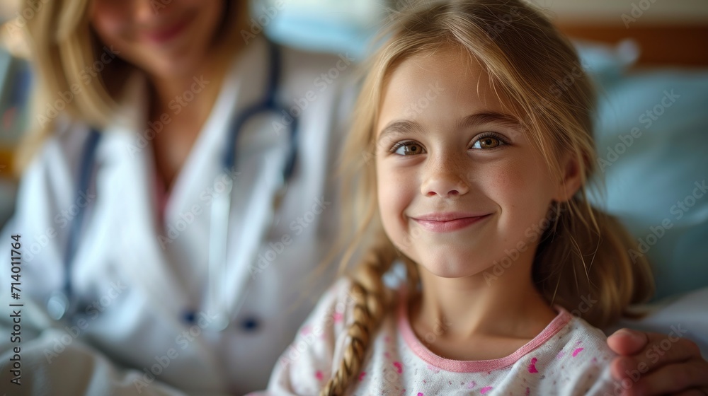 Portrait of smiling little girl with doctor at hospital. Doctor and patient. Medicine concept Portrait of smiling little girl with doctor at hospital. Doctor and patient. Medicine concept