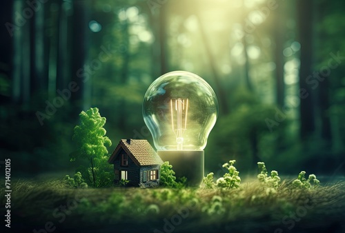 Glowing light bulbs are placed next to a wooden house model, symbolizing an ecological approach to home construction or renovation.