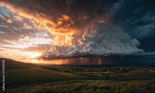 massive cloud looms over a green landscape, with lightning striking beneath it photo